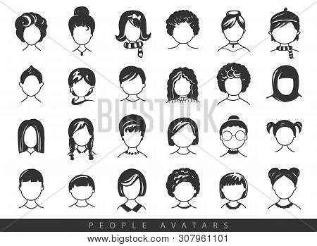 Set Of Avatar Or User Icons. Vector Illustration. Silhouettes Man And Woman. Adult, Youth And Child 