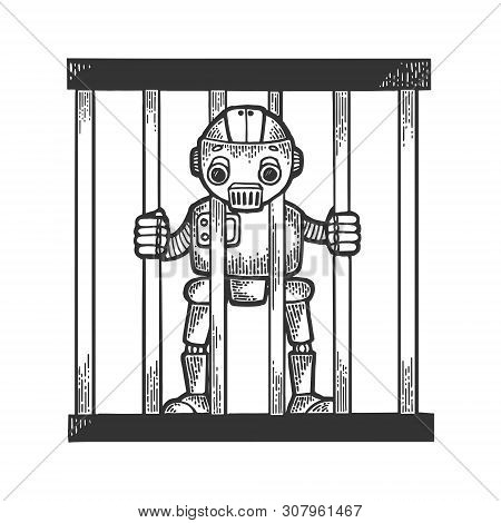 Prisoner Robot Behind Prison Bars Sketch Engraving Vector Illustration. Scratch Board Style Imitatio