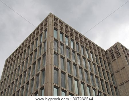 A Corner Detail Of A Typical Brutalist Style 1960s Concrete Office Building With Geometric Concrete 