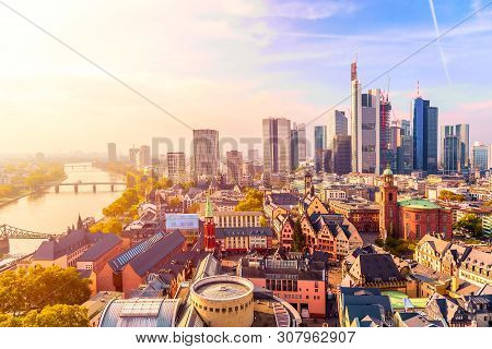 Panoramic View Cityscape Skyline Of Business District With Skyscrapers During Sunrise, Frankfurt Am 