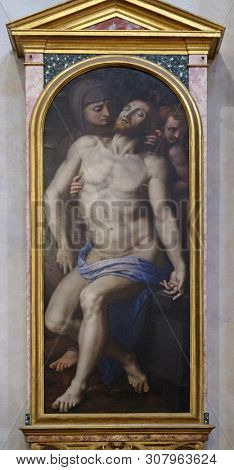 FLORENCE, ITALY - JANUARY 10, 2019: Pieta by Agnolo di Cosimo usually known as Il Bronzino, or Agnolo Bronzino, Basilica of Santa Croce (Basilica of the Holy Cross) in Florence, Italy