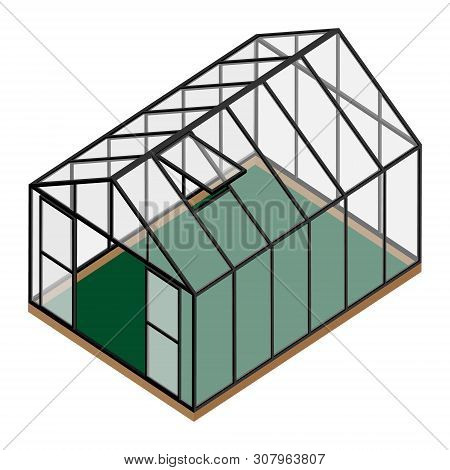 Empty Greenhouse With Opened Window And Door Isometric View Isolated On White Background. Glass Hous