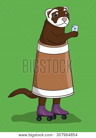 Illustration Of Cool Ferret With Mobile Phone, Dressed In A Coffee Cup And On Rollers. Can Be Used L