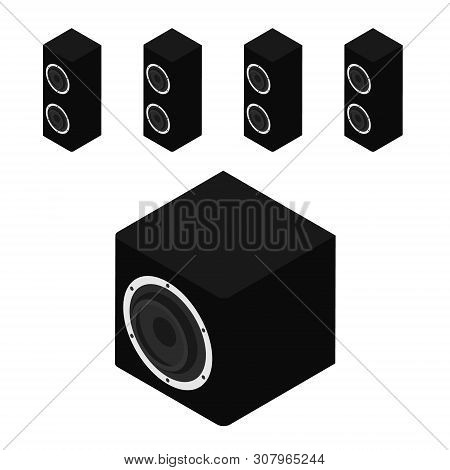 Black Acoustic Speakers, Loudspeakers And Subwoofer Isolated On White Background Isometric View