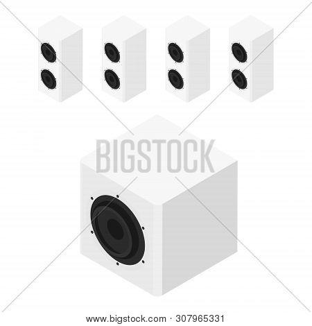 White Acoustic Speakers, Loudspeakers Isolated On White Background Isometric View