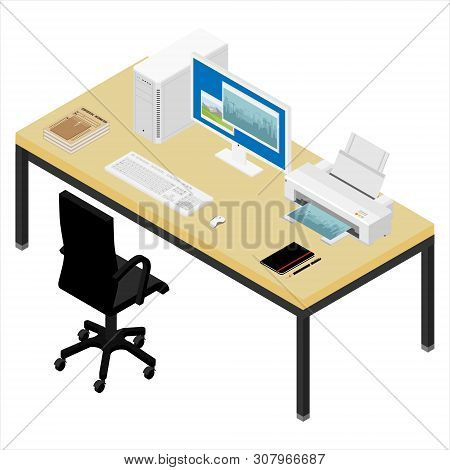 Working Place Desk And Armchair. Computer, Laptop, Printer , Graphic Tablet, Camera And Notebook On