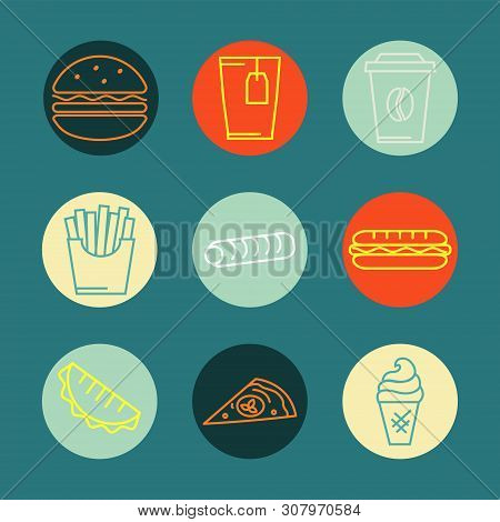 Vector Fast Food Icons Set , Sign, Symbol, Pictogram In Outline Style Isolated On A Circlebackground