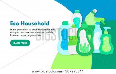Vector Background With Eco Friendly Household Cleaning Supplies. Natural Detergents. Landing Page Te
