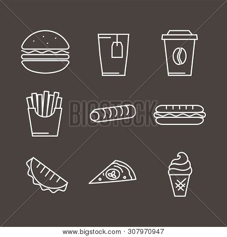 Vector White Fast Food Icons Set , Sign, Symbol, Pictogram In Outline Style Isolated On A Brown Back