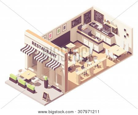 Vector Isometric Restaurant Or Cafe Interior Cross-section. Outdoor Table Under Awnings, Indoor Hall