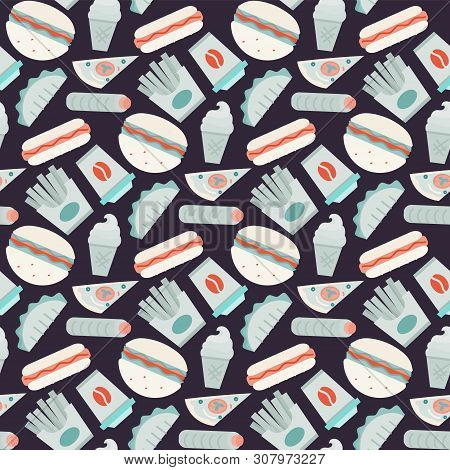 Vector Fast Food Ipattern In Flat  Style In Blue And Red Tones On A Dark Background.drink, Ice Cream