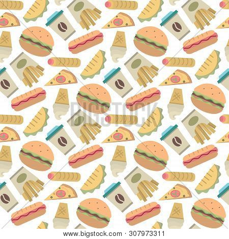 Vector Fast Food Ipattern In Flat  Style On A White Background.drink, Ice Cream, Gamburger, Hot Dog,