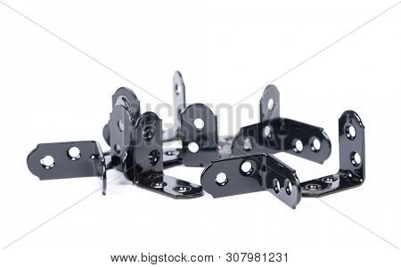 Group of  black metallic angle fixators. Mounting metal angle corners brackets isolated on white background