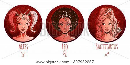 Fire Zodiac Set, Beautiful Girls, Aries, Leo, Sagittarius, Horoscope Symbol, Star Sign, Vector Illus