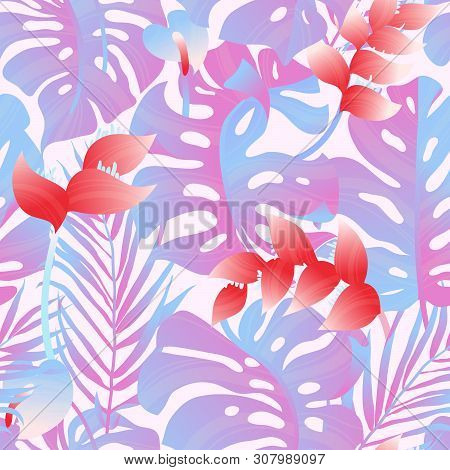 Tropical Plant Seamless Pattern, Heliconia, Palm, Anthurium And Split Leaf Philodendron In Pink And