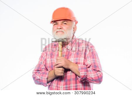 Repairing Or Renovating. Home Improvement Repair. Man Bearded Laborer Wear Helmet Hold Hammer. Repai