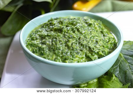 Healthy Vegetarian Or Vegan Food, Cooked Green Spinach With Cream, Ingredient For Many Dishes Like P