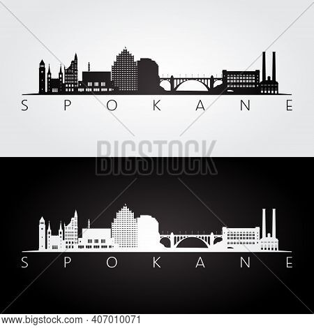 Spokane, Washington -  Usa Skyline And Landmarks Silhouette, Black And White Design, Vector Illustra