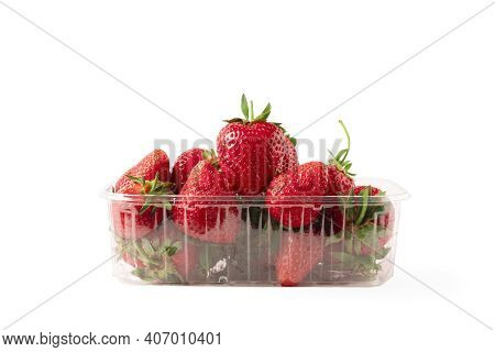 Strawberry In Plastic Container Isolated On White Background. Strawberries In Clear Punnet Closeup F