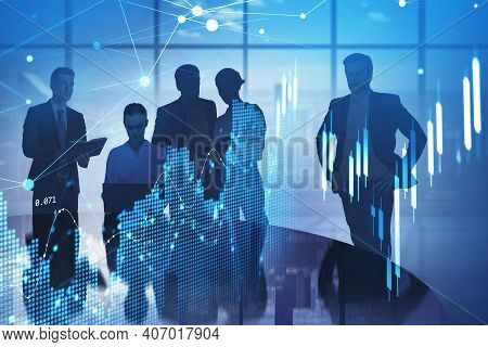 Business People Working In A Modern Office With Panoramic Windows. Cityscape Downtown Background. Co