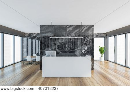 Empty Office, Reception Desk With Computer And Marbel Wall. Panoramic Window, Meeting Conference Roo