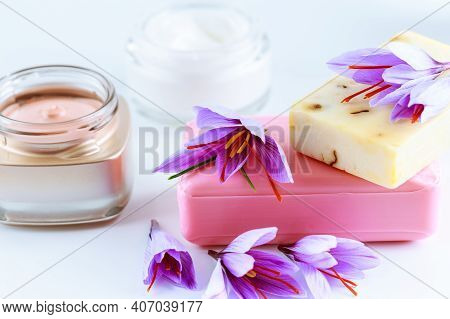 Saffron Soap With Saffron Stigma. Crocus Flowers. Saffron Soap And Cream. The Use Of Saffron In Cosm