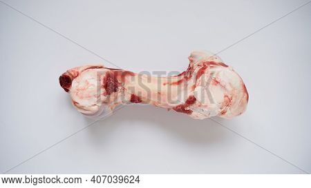 Large Raw Bone Of Big Animal Cow Or Pig On White Background, Top View, Copy Space. Bone For Cooking 