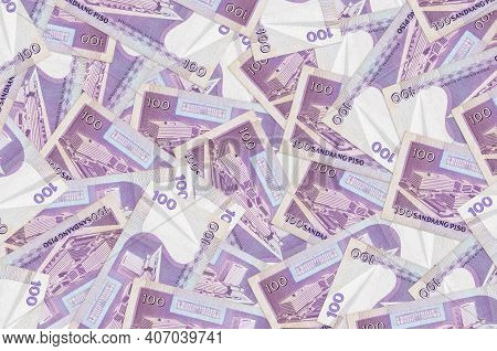 100 Philippine Piso Bills Lies In Big Pile. Rich Life Conceptual Background. Big Amount Of Money