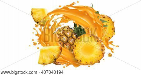 Whole And Sliced Pineapple In A Juice Splash.
