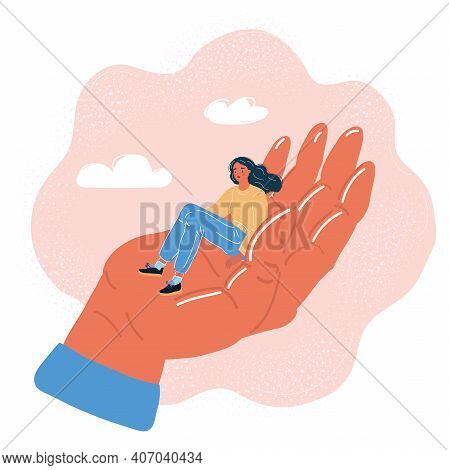 Vector Illustration Of Editable Vector Silhouette Of A Miniature Man In The Palm Of A Womans Hand Wi