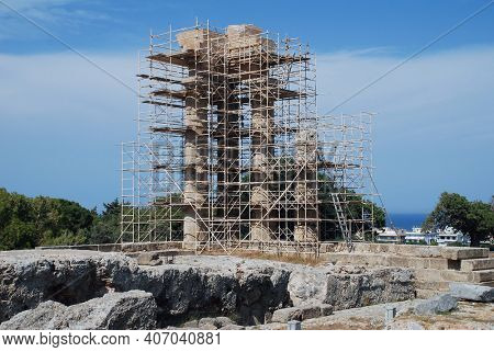 The Pythian Temple of Apollo at the Acropolis of Rhodes above the Old Town of the Greek island  of Rhodes.