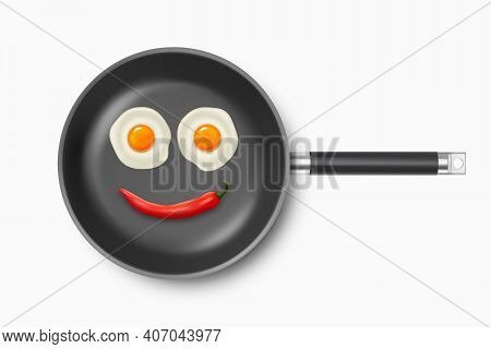 Vector 3d Realistic Black Frying Pan With Fried Edd, Omelet And Chili Pepper Inside Isolated On Whit