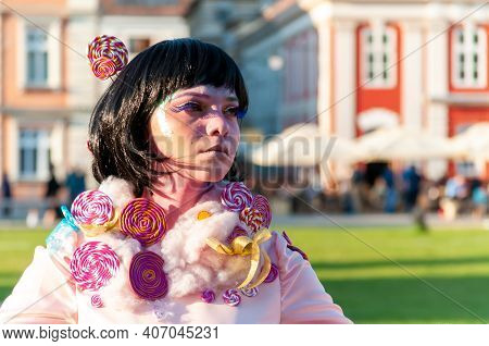 Timisoara, Romania - March 31, 2017: Woman In A Masquerade Costume Dress Posing As A Living Statue A