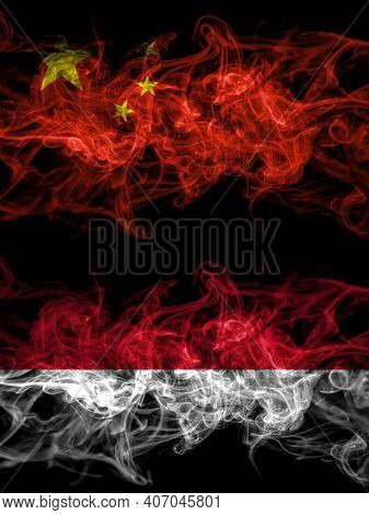 China, Chinese Vs Monaco, Monacan Smoky Mystic Flags Placed Side By Side. Thick Colored Silky Abstra