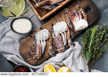 Fresh Blue Swimming Crab Horse Crab, Blue Crab, Flower Crab Claws Set, On Gray Background, Top View 