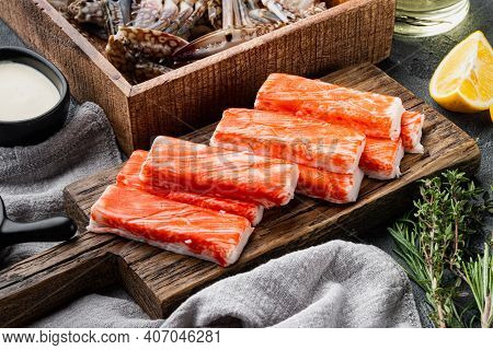 Crab Sticks Seafood Semi Finished Fish Mince With Blue Swimming Crab Set, On Gray Background