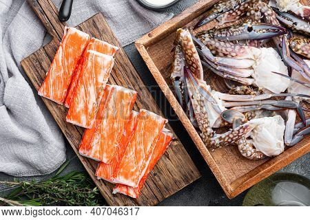 Fresh Crab Meat Stick Surimi With Blue Swimming Crab Set, On Gray Background, Top View Flat Lay