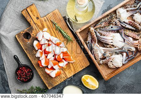 Fresh Crab Meat Stick Surimi  Set, On Gray Background, Top View Flat Lay