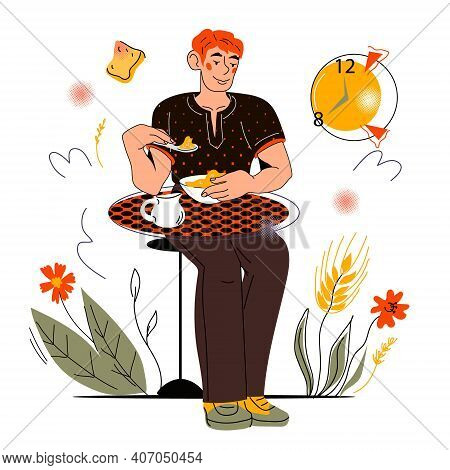 Young Man Eating Healthy Cereals Breakfast Sitting At Table, Cartoon Vector Illustration Isolated On