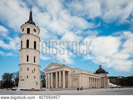 Vilnius, Lithuania - February 7, 2021: The Cathedral Basilica Of St. Stanislaus And St. Ladislaus Of