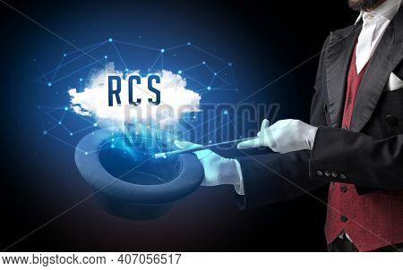 Magician is showing magic trick with RCS abbreviation, modern tech concept