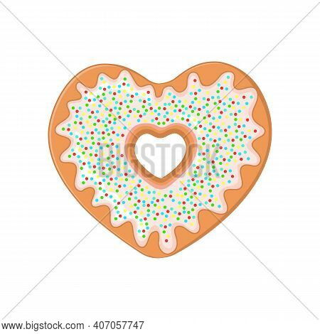 Heart Shaped Donut Decorated With Sugar Glaze And Nonpareil Balls. Doughnut For Valentines Day Isola