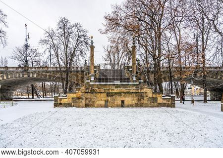 Historical Staircase Of Legion Bridge On Strelecky Island In Prague, Czech Republic. Winter Photogra