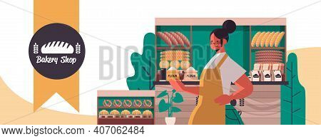 Female Baker In Uniform Selling Fresh Bakery Products In Baking Shop Portrait Horizontal Vector Illu