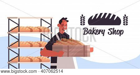 Male Baker In Uniform Holding Baguettes Bakery Products Baking Manufacture Concept Portrait Horizont