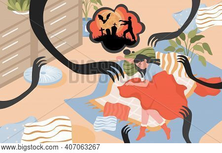 Young Woman Sleeping In Bedroom Vector Flat Illustration. Girl Lying In Bed And Having A Nightmare W