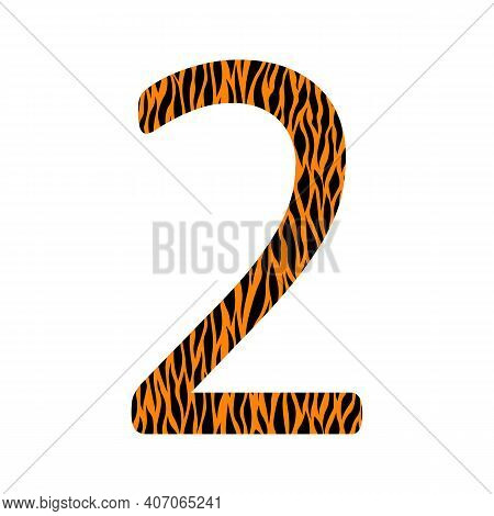 Decorative Black And Oranje Number 2 With Animal Ornament. Tiger Skin. Textured Curved Lines Effect.