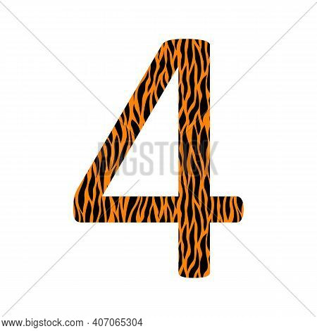 Decorative Black And Oranje Number 4 With Animal Ornament. Tiger Skin. Textured Curved Lines Effect.
