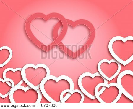 Saint Valentine Day Horizontal Postcard. Cute Romantic Paper Cut Hearts On Pink Background. Cozy Cra