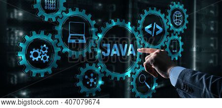 Business Man Pushing On A Touch Screen Interface Java Programming Concept. Virtual Machine.